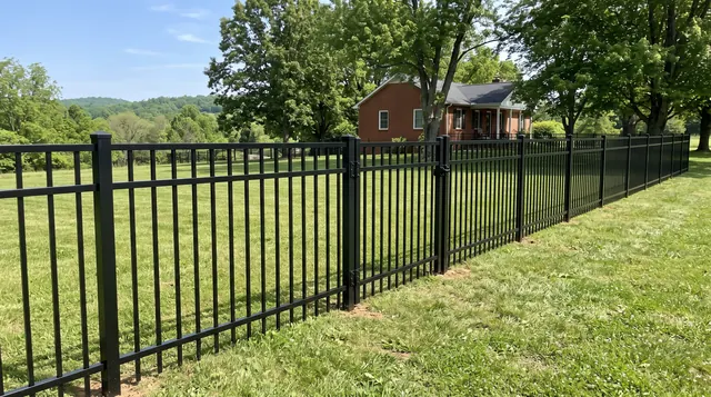 A black ornamental aluminum fence with evenly spaced vertical pickets, flat horizontal top rail and square posts in a leafy Afton area setting