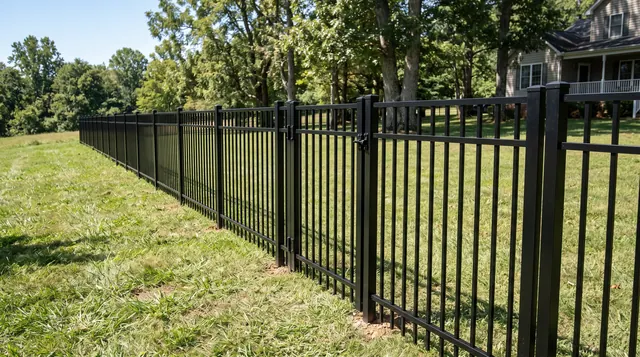 A black ornamental aluminum fence with evenly spaced vertical pickets, flat horizontal top rail and square posts in a leafy Charlottesville area setting