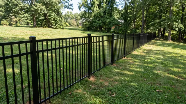 A black ornamental aluminum fence with evenly spaced vertical pickets, flat horizontal top rail and square posts in a leafy Ivy area setting