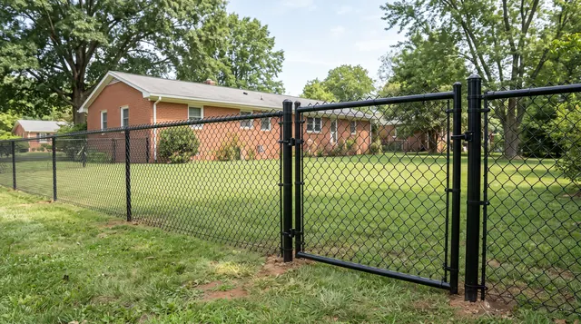 A black-coated chain-link fence with taut diamond mesh, continuous top rail, terminal posts, tension bands and a framed closed pedestrian gate in a leafy Charlottesville area setting