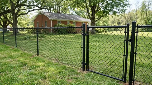 A black-coated chain-link fence with taut diamond mesh, continuous top rail, terminal posts, tension bands and a framed closed pedestrian gate in a leafy Earlysville area setting