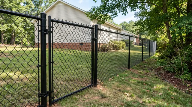 A black-coated chain-link fence with taut diamond mesh, continuous top rail, terminal posts, tension bands and a framed closed pedestrian gate in a leafy Orange area setting