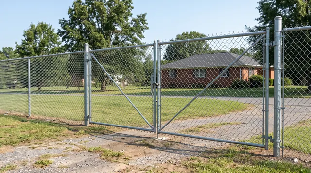 A tall galvanized chain-link perimeter fence around a modest unbranded light-industrial yard, with a closed double-swing manual vehicle gate in a leafy Charlottesville area setting