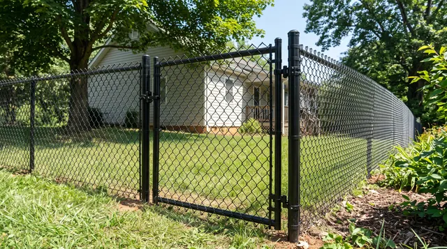 A physical black chain-link backyard enclosure with taut diamond mesh, close ground clearance and a closed self-contained walk gate; no dog in frame in a leafy Charlottesville area setting