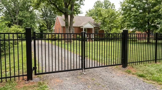 A black metal manual double-swing driveway gate between two substantial square posts, flanked by open-picket fencing, on a level gravel drive in a leafy Charlottesville area setting