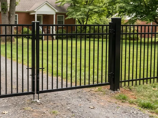 Detail view of A black metal manual double-swing driveway gate between two substantial square posts, flanked by open-picket fencing, on a level gravel drive in a leafy Charlottesville area setting