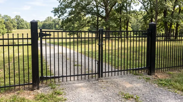 A black metal manual double-swing driveway gate between two substantial square posts, flanked by open-picket fencing, on a level gravel drive in a leafy Palmyra area setting