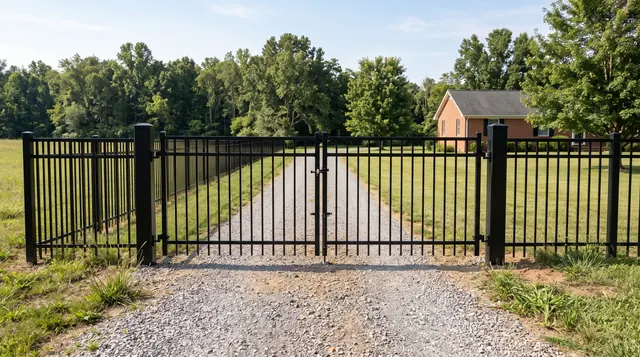 A black metal manual double-swing driveway gate between two substantial square posts, flanked by open-picket fencing, on a level gravel drive in a leafy Stuarts Draft area setting