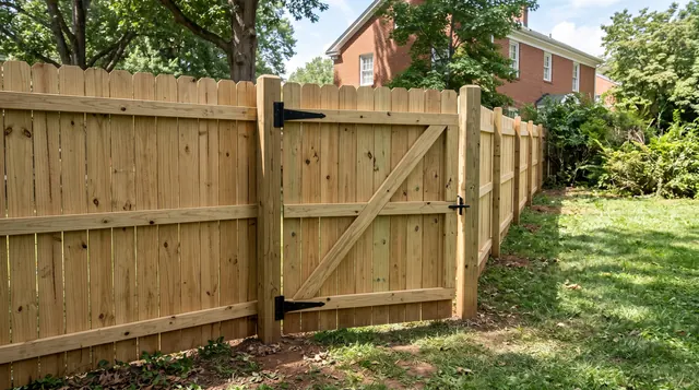 A wood privacy fence with a distinct wide framed manual walk gate shown at a slight open angle, with two heavy black strap hinges, diagonal compression brace and a simple latch in a leafy Charlottesville area setting