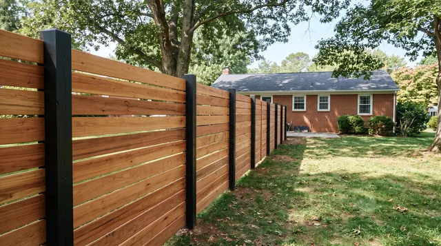 A modern horizontal cedar-board fence with evenly spaced horizontal boards fixed across regularly spaced dark square posts in a leafy Charlottesville area setting