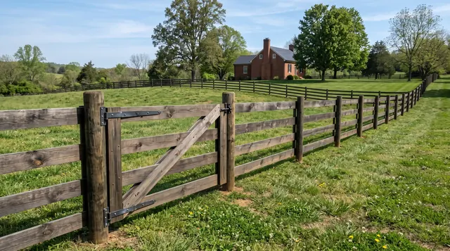 A long four-board wood horse paddock fence following a gently rolling grass field, smooth horizontal boards on the paddock side, stout posts and a closed matching farm gate; no horses in frame in a leafy Charlottesville area setting