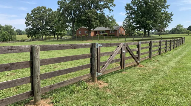 A long four-board wood horse paddock fence following a gently rolling grass field, smooth horizontal boards on the paddock side, stout posts and a closed matching farm gate; no horses in frame in a leafy Nellysford area setting