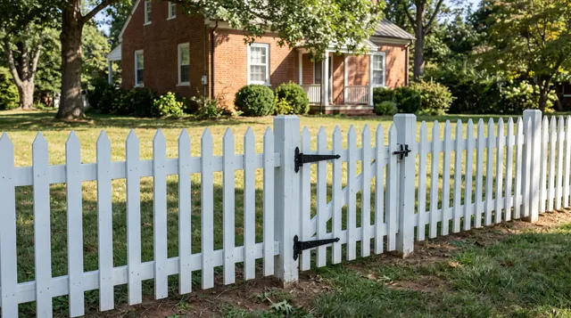 A low white wooden picket fence with evenly spaced pointed pickets, two supporting rails and a small closed walk gate in a leafy Charlottesville area setting
