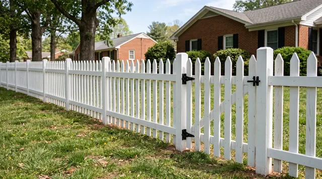 A low white wooden picket fence with evenly spaced pointed pickets, two supporting rails and a small closed walk gate in a leafy Crozet area setting