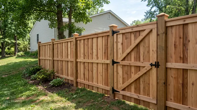A cedar board-on-board privacy fence with overlapping vertical boards, capped square posts and a matching closed gate in a leafy Charlottesville area setting