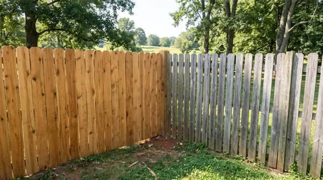 A newly finished cedar privacy fence section meeting a sound existing wood fence at a square corner post, no damaged fence and no workers in a leafy Charlottesville area setting