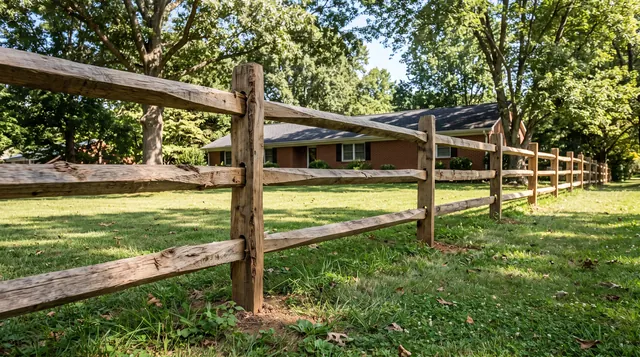 A rustic three-rail split-rail wood fence along a grassy property edge, with heavy split timber rails fitted into mortised posts in a leafy Rivanna area setting