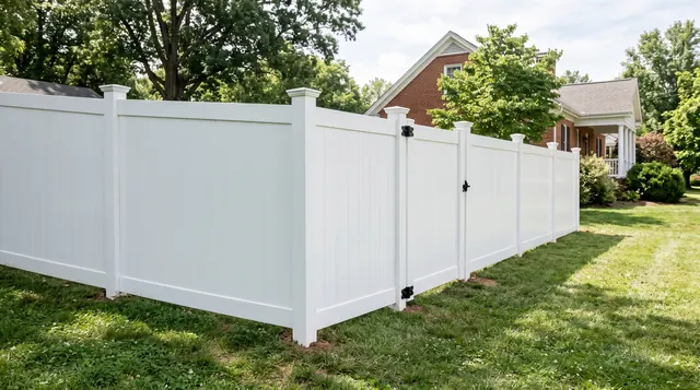 A clean white vinyl privacy fence with solid tongue-and-groove panels, capped square posts, bottom rails and a matching closed white walk gate in a leafy Charlottesville area setting