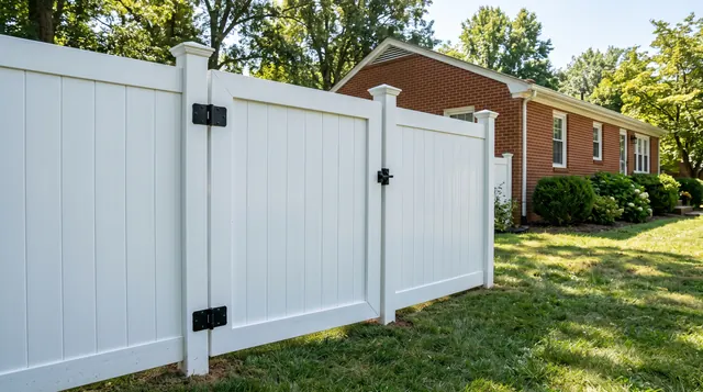 A close oblique view of a closed white vinyl walk gate in a matching white privacy fence, with visible black hinges and latch on capped square posts in a leafy Charlottesville area setting