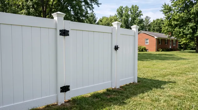 A close oblique view of a closed white vinyl walk gate in a matching white privacy fence, with visible black hinges and latch on capped square posts in a leafy Scottsville area setting