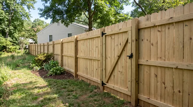 A tall natural wood dog-ear privacy fence with vertical boards, two horizontal rails, square support posts and a matching closed walk gate in a leafy Charlottesville area setting