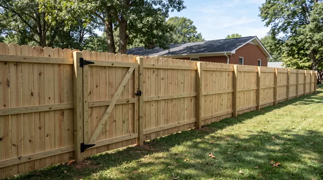 A tall natural wood dog-ear privacy fence with vertical boards, two horizontal rails, square support posts and a matching closed walk gate in a leafy Gordonsville area setting